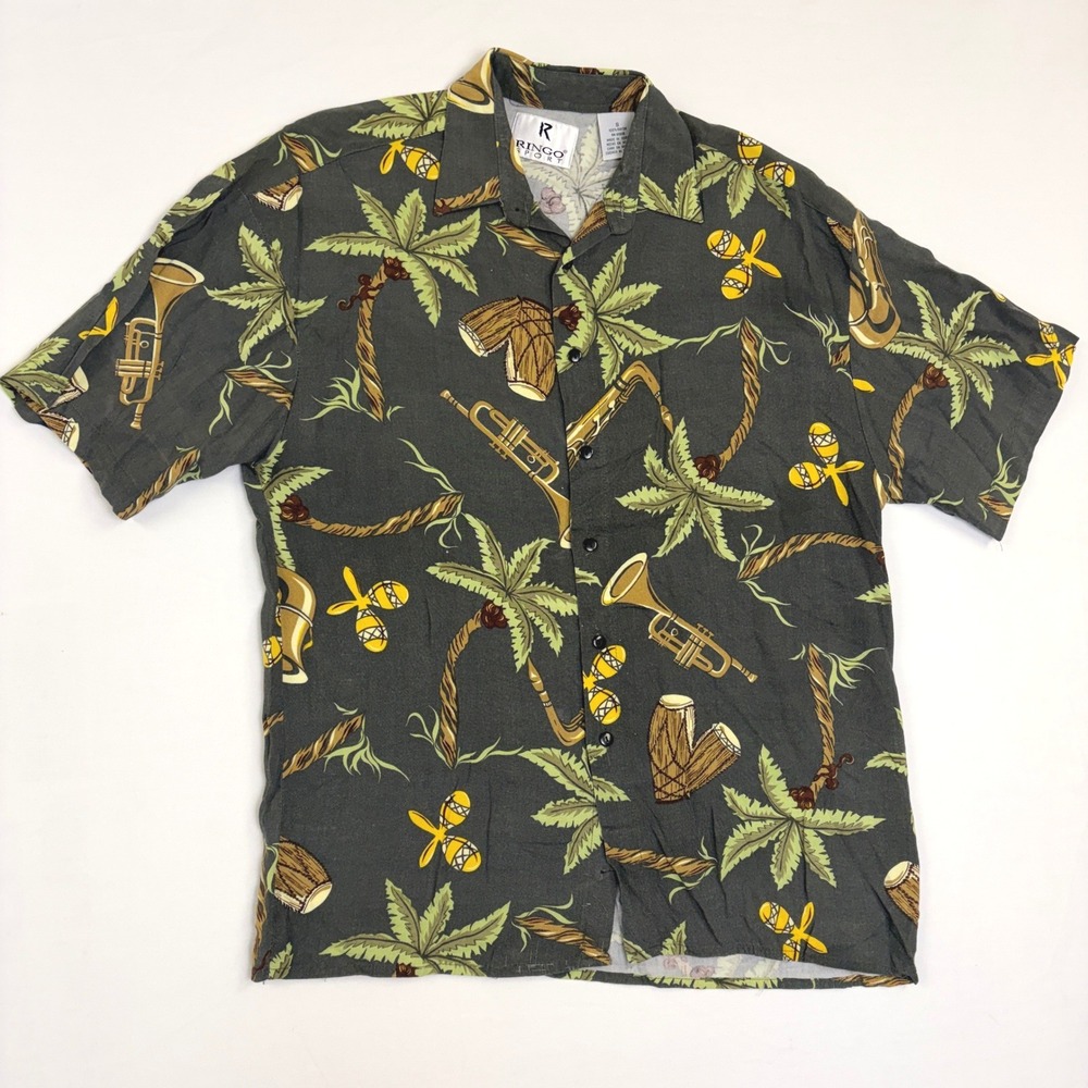 Ringo Sport Mens Small‎ Rayon Hawaiian Shirt Tropical Musical Instrument Green